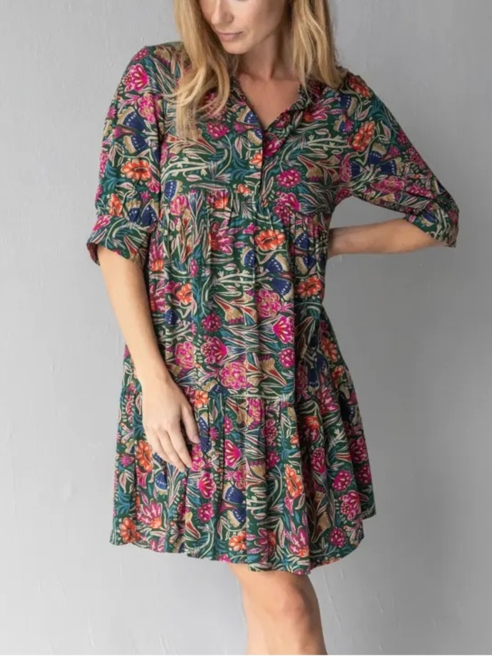 Natural Life Becca Mini Dress Green Floral Boho Tiered Button Front XS Feminine